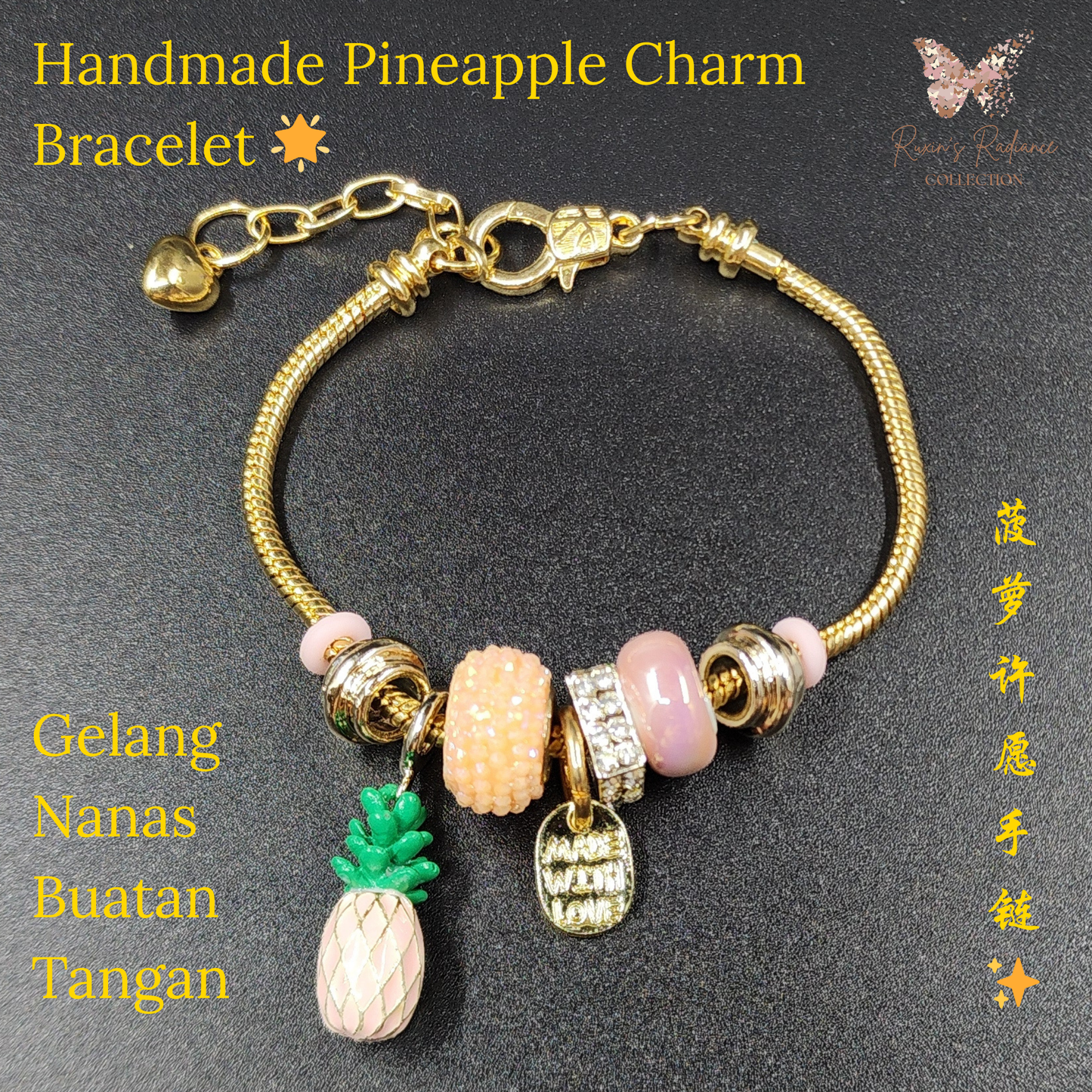 Ruxin Radiance Handmade Pineapple Charm Bracelet – Glass Beads & Rhinestones 手工菠萝魅力手链 – 玻璃珠水晶 Gelang Tangan Manik & Aloi – Charm Nanas