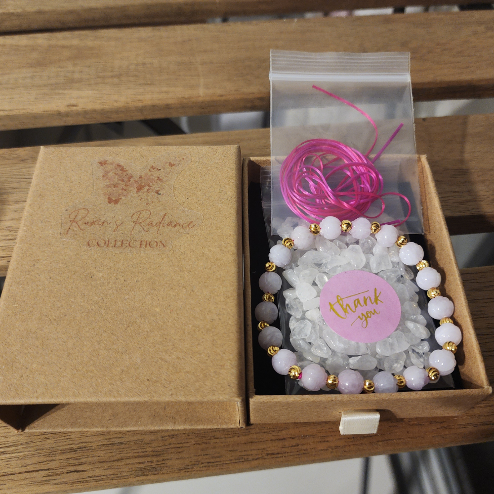 Natural Handmade Rosie Milky Quartz & Gold Beaded Bracelet天然乳白玫瑰石英金珠手链 Gelang Manik Rosie Milky Quartz & Emas