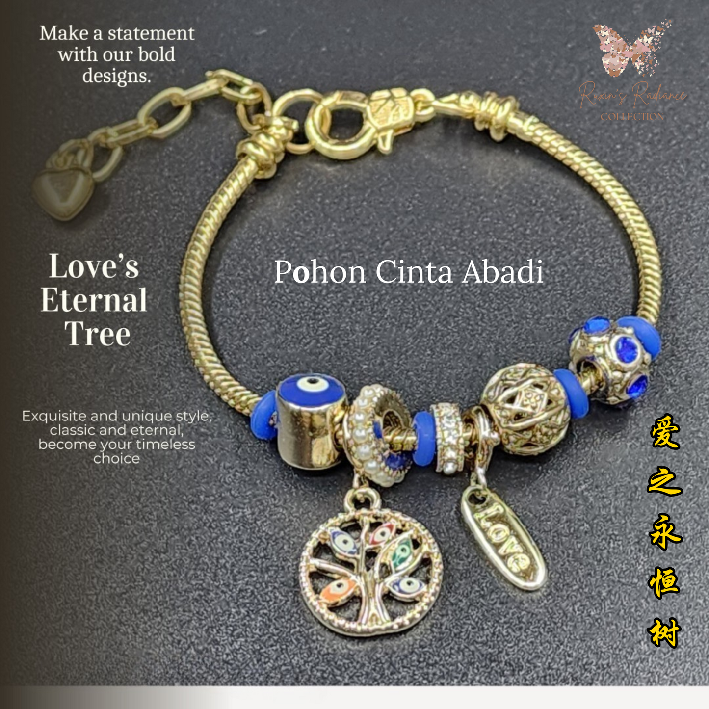 Ruxin Radiance Handmade Eternal Harmony Bracelet – Gold Blue Elegance 爱·永恒树守护链–金蓝永恒优雅 Gelang Abadi: Cinta & Harmoni – Elegan Emas/Biru