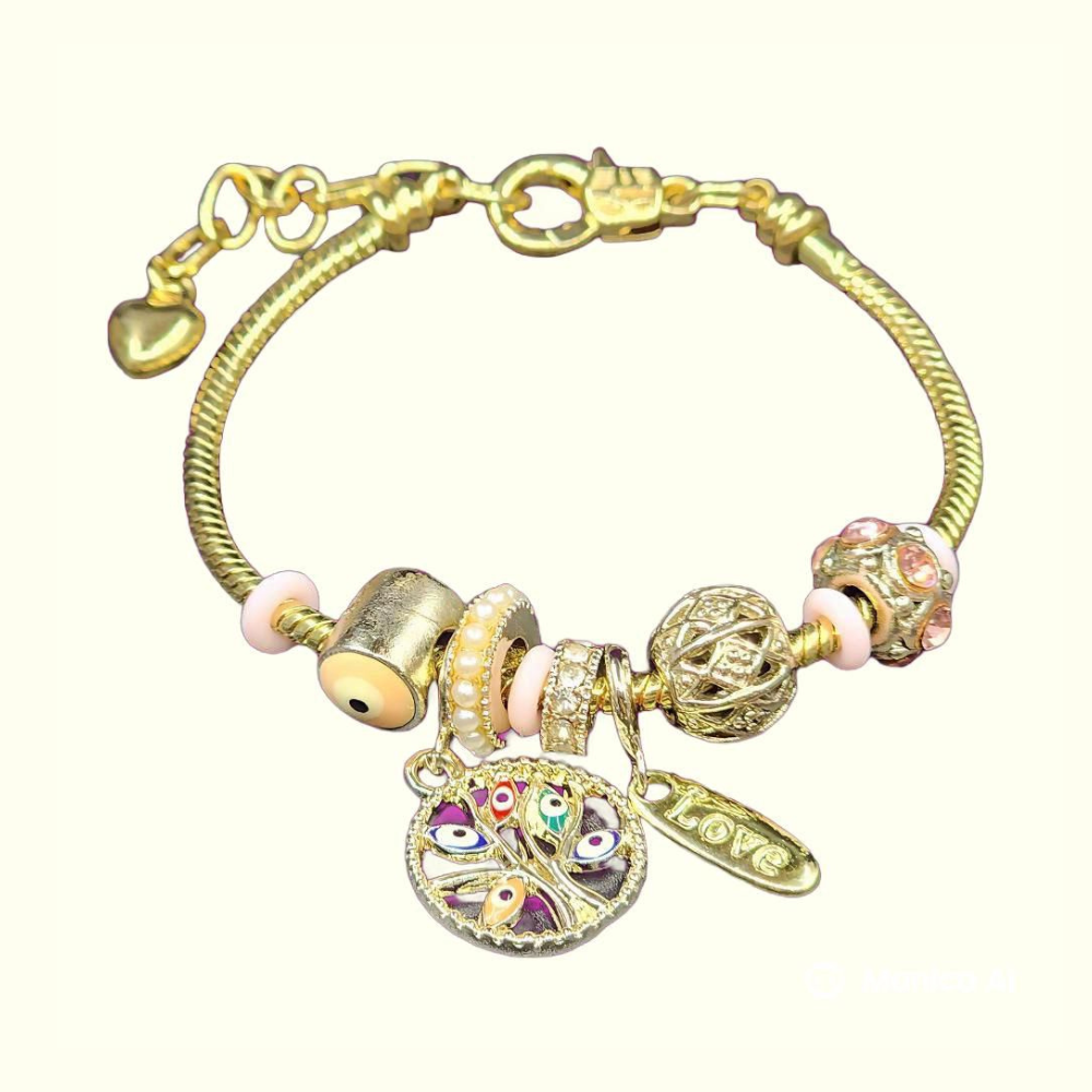 Ruxin Radiance Handmade Crystal Alloy Bracelet: Gold/Pink Tone, Tree of Life & Love Charm. 精美手链,爱之吊饰! Gelang Aloi Pokok Kehidupan & Azimat Cinta