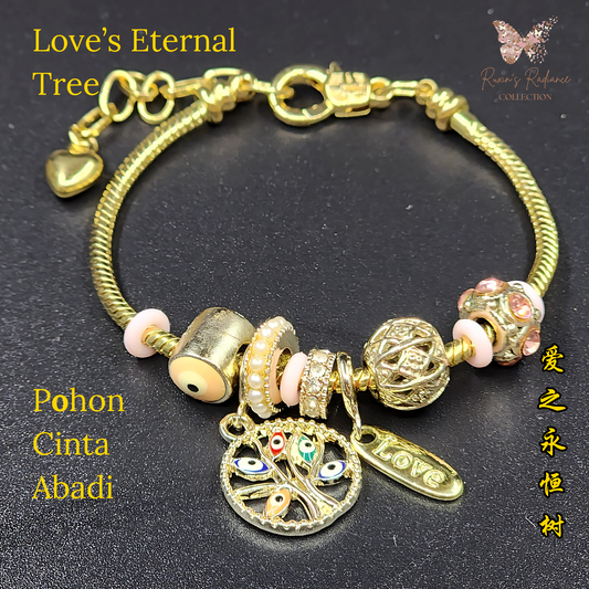 Ruxin Radiance Handmade Crystal Alloy Bracelet: Gold/Pink Tone, Tree of Life & Love Charm. 精美手链,爱之吊饰! Gelang Aloi Pokok Kehidupan & Azimat Cinta