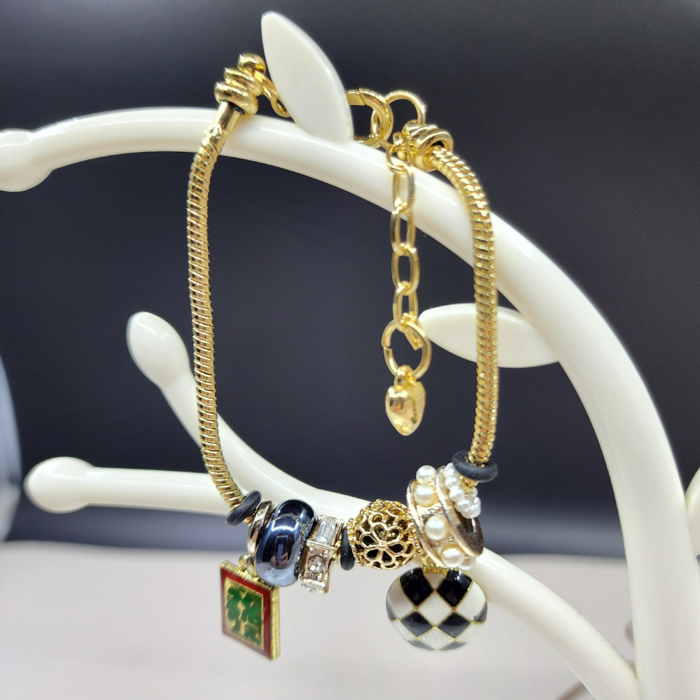 Ruxin Radiance Handmade Black Gold "Huat" Bracelet – Pearl/Crystal, Adjustable Gift  黑金發骰链 – 珍珠水晶可调礼  Gelang Huat Emas Hitam – Mutiara/Kristal