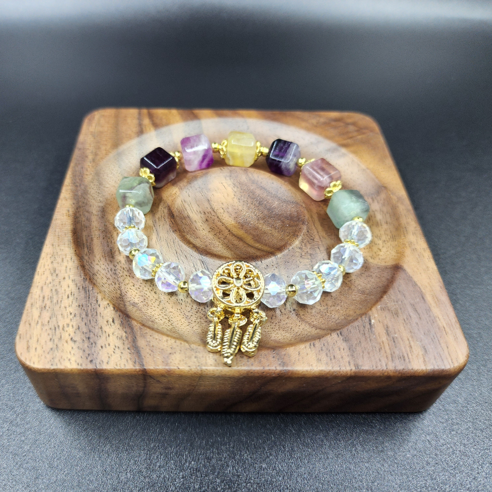 Mystic Glow Natural Fluorite & Glass Bead Bracelet 天然萤石方块与闪耀玻璃珠手链 Gelang Fluorit Semula Jadi Bercahaya dengan Manik Kaca Berkilau