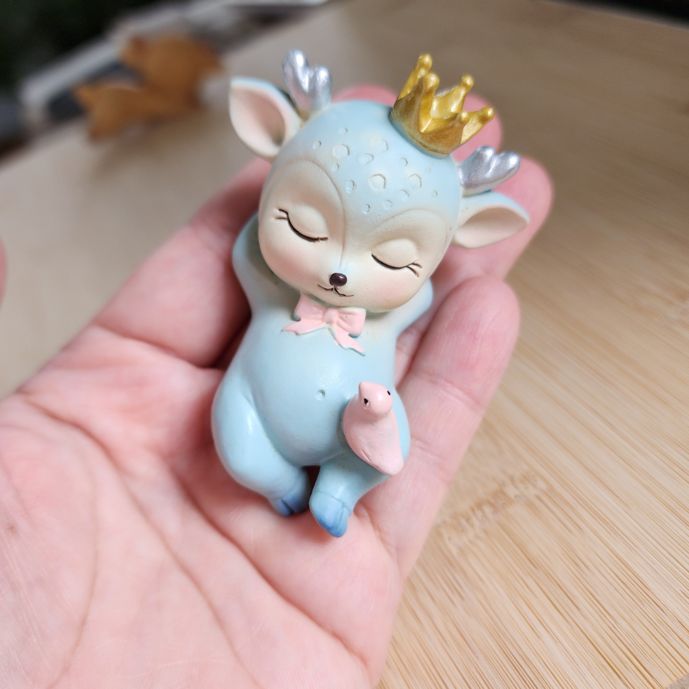 Sleeping Blue Baby Deer Resin Figurine  Handmade Cute Animal Ornament | Fawn Baby Sculpture for Kids Room, Bedroom, Living Room, Office | Home Decor, Table Display, Birthday Gift, Wedding Favor, Cake & Dessert Topper