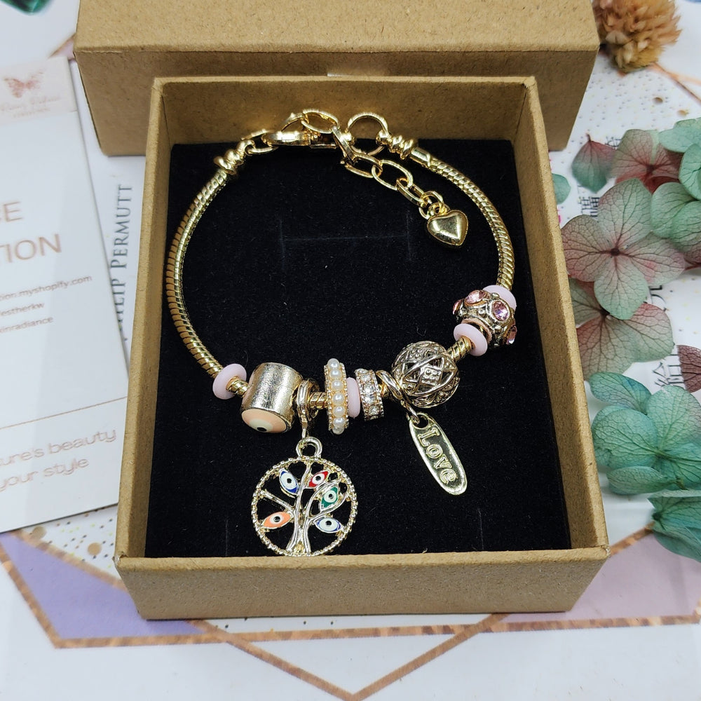 Ruxin Radiance Handmade Crystal Alloy Bracelet: Gold/Pink Tone, Tree of Life & Love Charm. 精美手链,爱之吊饰! Gelang Aloi Pokok Kehidupan & Azimat Cinta