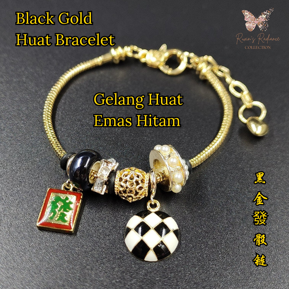 Ruxin Radiance Handmade Black Gold "Huat" Bracelet – Pearl/Crystal, Adjustable Gift  黑金發骰链 – 珍珠水晶可调礼  Gelang Huat Emas Hitam – Mutiara/Kristal