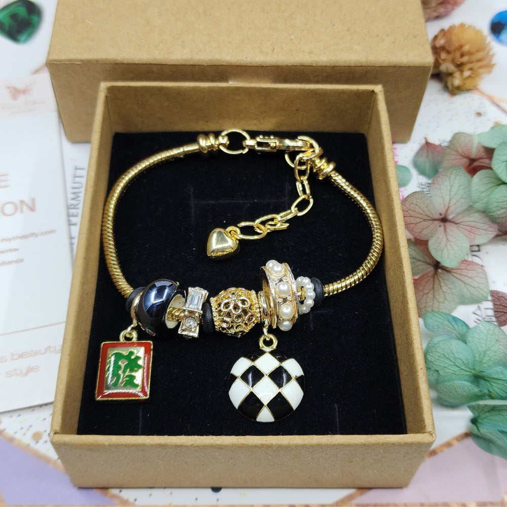 Ruxin Radiance Handmade Black Gold "Huat" Bracelet – Pearl/Crystal, Adjustable Gift  黑金發骰链 – 珍珠水晶可调礼  Gelang Huat Emas Hitam – Mutiara/Kristal