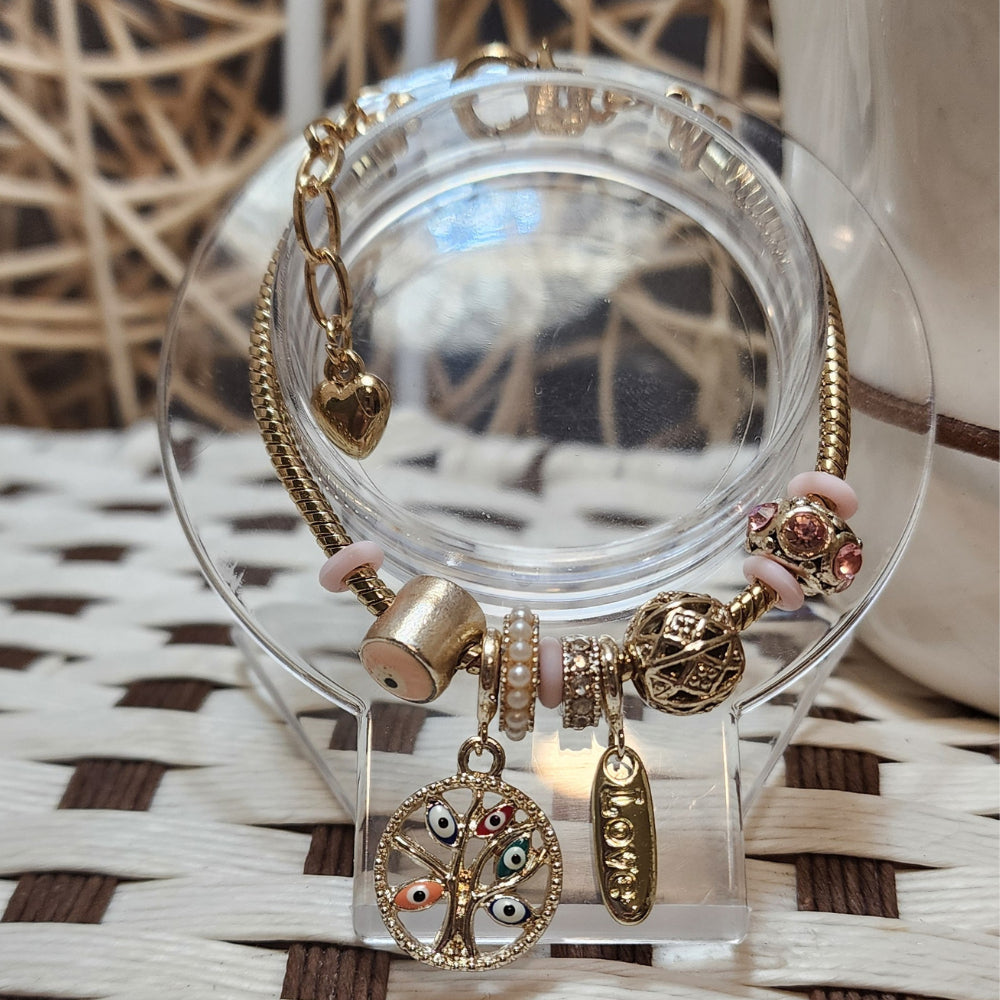 Ruxin Radiance Handmade Crystal Alloy Bracelet: Gold/Pink Tone, Tree of Life & Love Charm. 精美手链,爱之吊饰! Gelang Aloi Pokok Kehidupan & Azimat Cinta