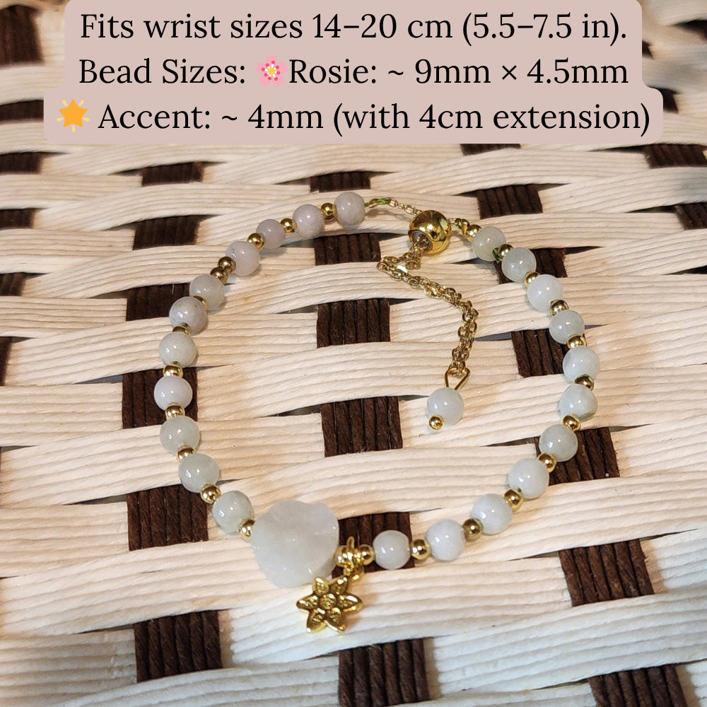 Ruxin’s Rosie White Jade/Gold Tone Beaded Bracelet 瑞馨光彩 - 白玉玫瑰/金珠手链 Ruxin Rosie – Gelang Manik Jade Putih/Warna Emas