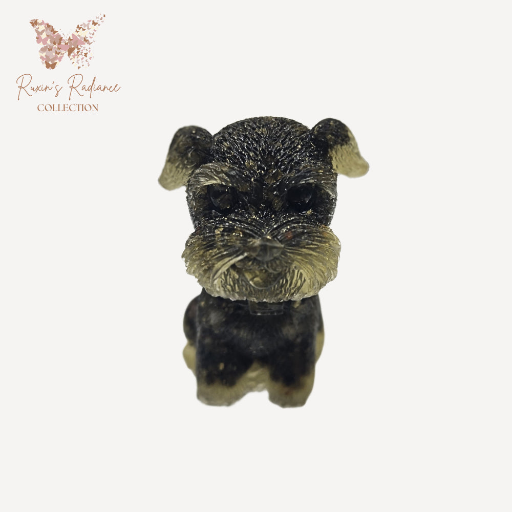 Ruxin's Radiance: Dark Green Iron Tone Schnauzer – Stone & Resin Deco 墨铁雪纳瑞：碎石滴胶 Anjing Schnauzer Warna Besi Hijau Gelap