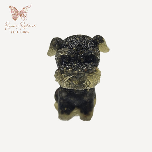 Ruxin's Radiance: Dark Green Iron Tone Schnauzer – Stone & Resin Deco 墨铁雪纳瑞：碎石滴胶 Anjing Schnauzer Warna Besi Hijau Gelap