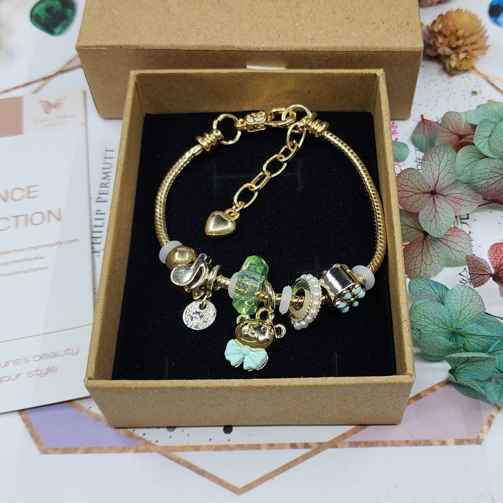Ruxin Radiance Handmade Gold Alloy Bracelet – Bear, Flower & Heart Charms – Gift!  小熊花爱合金链 – 珠首选！ Gelang Aloi Emas – C Beruang, Bunga, Hati
