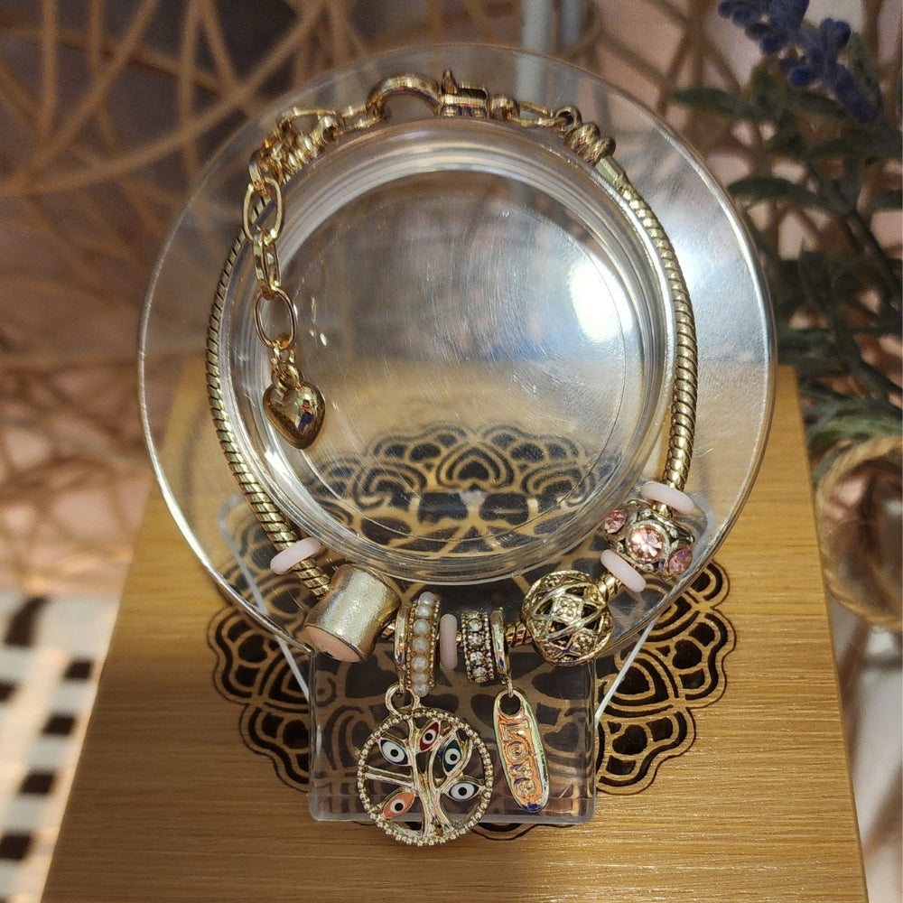 Ruxin Radiance Handmade Crystal Alloy Bracelet: Gold/Pink Tone, Tree of Life & Love Charm. 精美手链,爱之吊饰! Gelang Aloi Pokok Kehidupan & Azimat Cinta