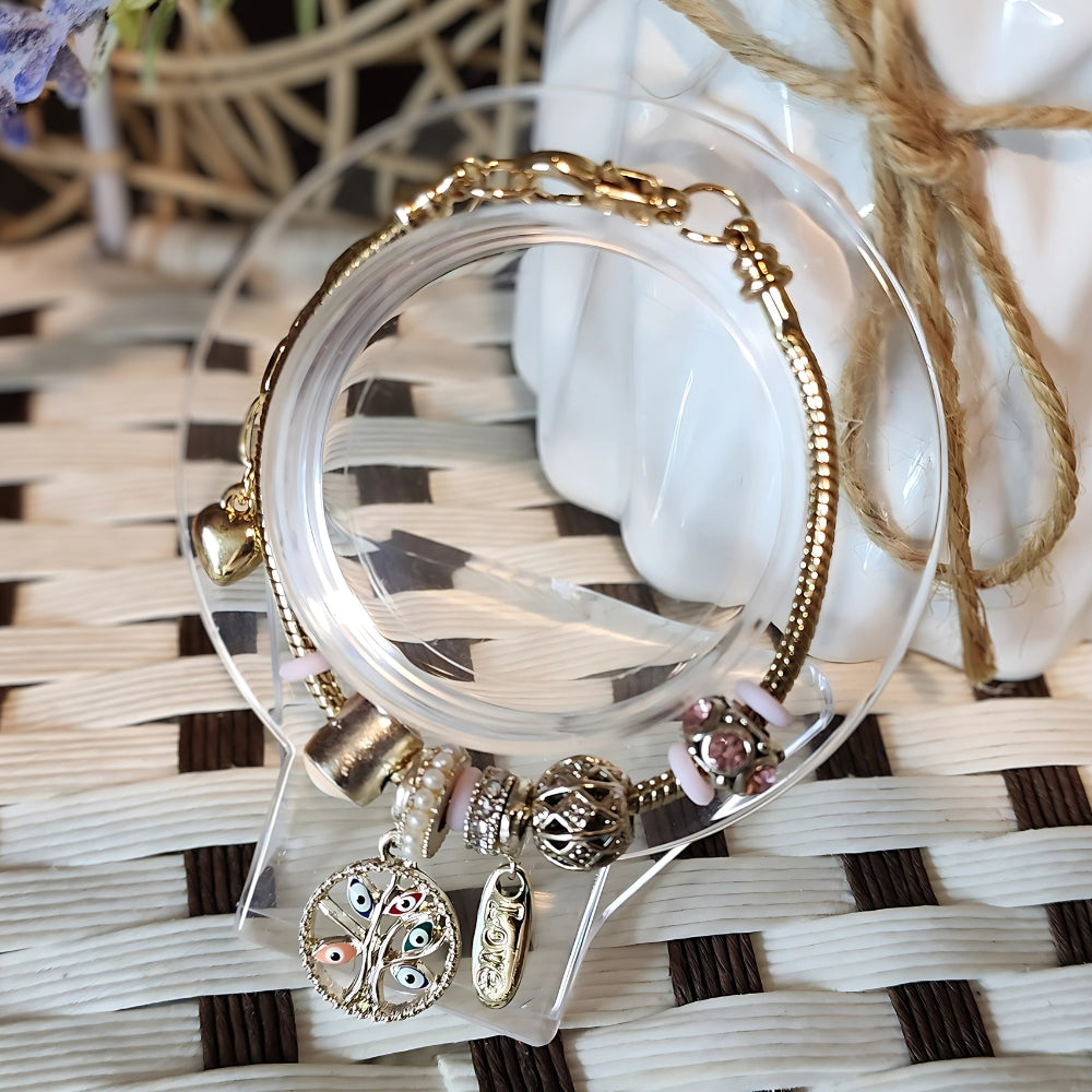 Ruxin Radiance Handmade Crystal Alloy Bracelet: Gold/Pink Tone, Tree of Life & Love Charm. 精美手链,爱之吊饰! Gelang Aloi Pokok Kehidupan & Azimat Cinta