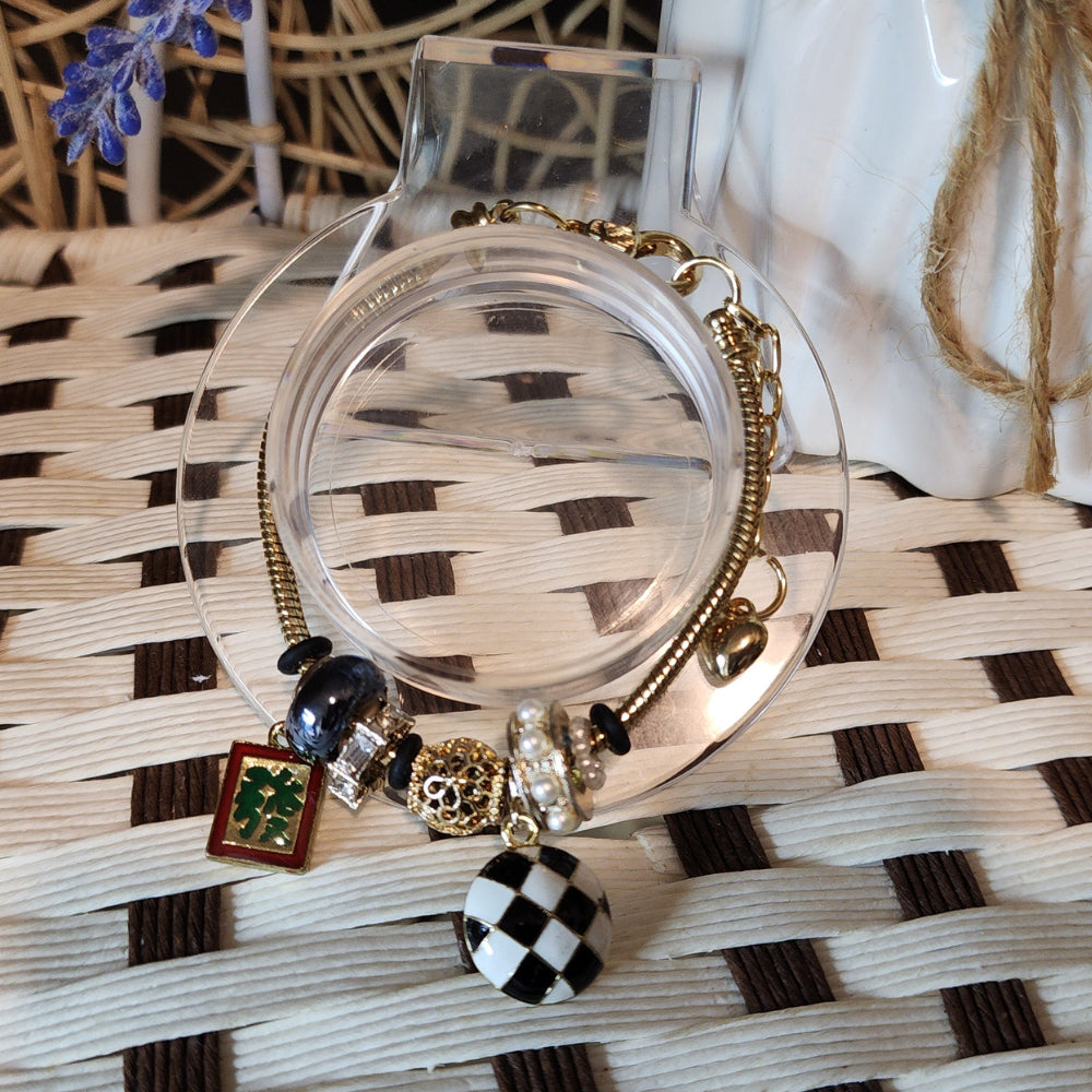 Ruxin Radiance Handmade Black Gold "Huat" Bracelet – Pearl/Crystal, Adjustable Gift  黑金發骰链 – 珍珠水晶可调礼  Gelang Huat Emas Hitam – Mutiara/Kristal