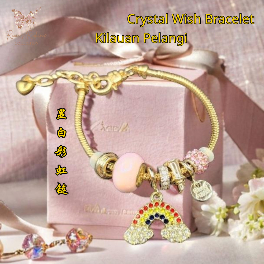 Ruxin Radiance Handmade Luminous Rainbow Crystal Charm Bracelet-Gold & Pink Elegance 璀璨显白彩虹水晶串珠手链-金粉奢华 Gelang Kristal Pelangi Mewah Merah Jambu