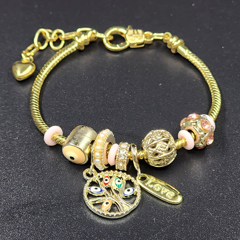 Ruxin Radiance Handmade Crystal Alloy Bracelet: Gold/Pink Tone, Tree of Life & Love Charm. 精美手链,爱之吊饰! Gelang Aloi Pokok Kehidupan & Azimat Cinta