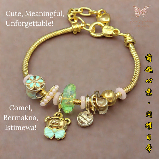 Ruxin Radiance Handmade Gold Alloy Bracelet – Bear, Flower & Heart Charms – Gift!  小熊花爱合金链 – 珠首选！ Gelang Aloi Emas – C Beruang, Bunga, Hati