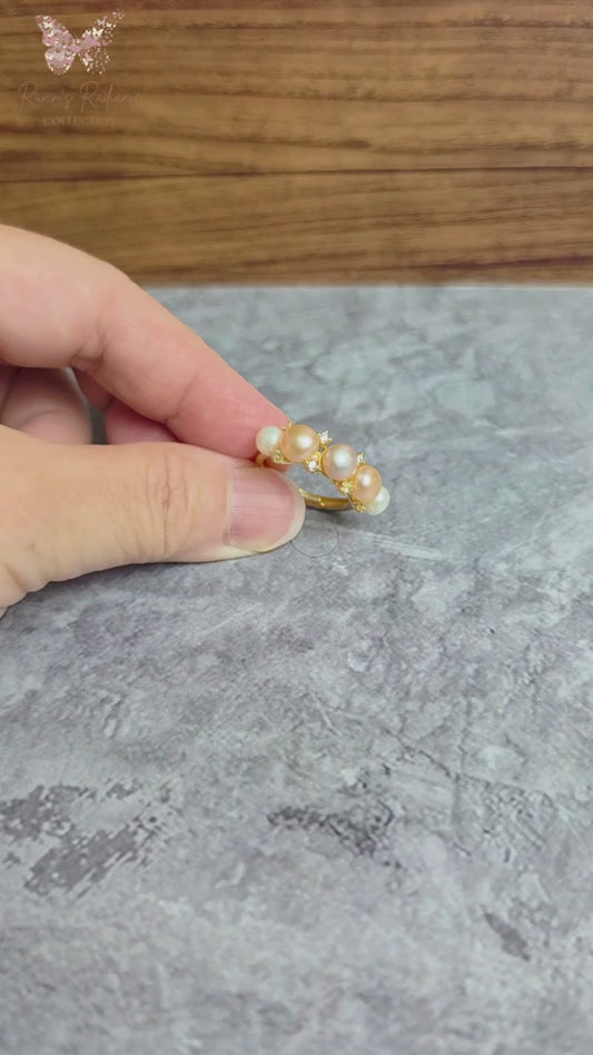 Ruxin's Radiance Collection-Elegant Pearl Cluster Ring Adjustable Gold Plated Pink White Pearl Luxury Women Gift Wedding Jewelry | Cincin Mutiara Elegan Adjustable Berlapis Emas Hadiah Wanita
