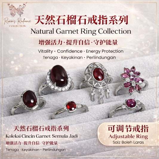 Natural Garnet Adjustable Crystal Ring – Silver Plated Wine Red Gemstone Ring | Energy Jewelry Gift for Women | Cincin Garnet Semula Jadi Boleh Laras