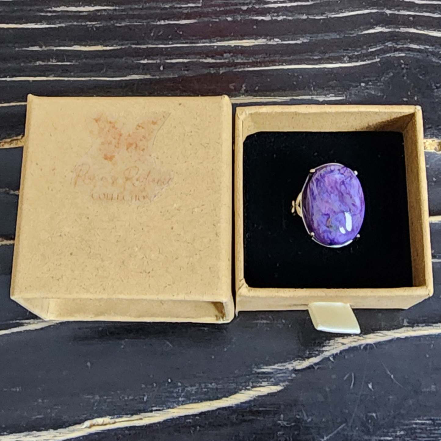 Ruxin's Radiance Collection-Natural Charoite Adjustable Ring – Purple Dragon Stone, Silver-Plated Half Silver | Cincin Charoite Semula Jadi Boleh Laras
