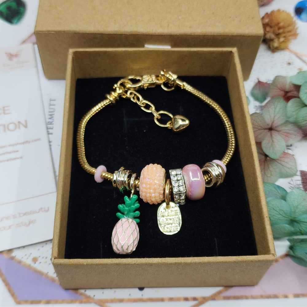 Ruxin Radiance Handmade Pineapple Charm Bracelet – Glass Beads & Rhinestones 手工菠萝魅力手链 – 玻璃珠水晶 Gelang Tangan Manik & Aloi – Charm Nanas