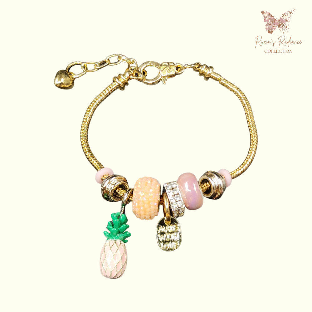 Ruxin Radiance Handmade Pineapple Charm Bracelet – Glass Beads & Rhinestones 手工菠萝魅力手链 – 玻璃珠水晶 Gelang Tangan Manik & Aloi – Charm Nanas